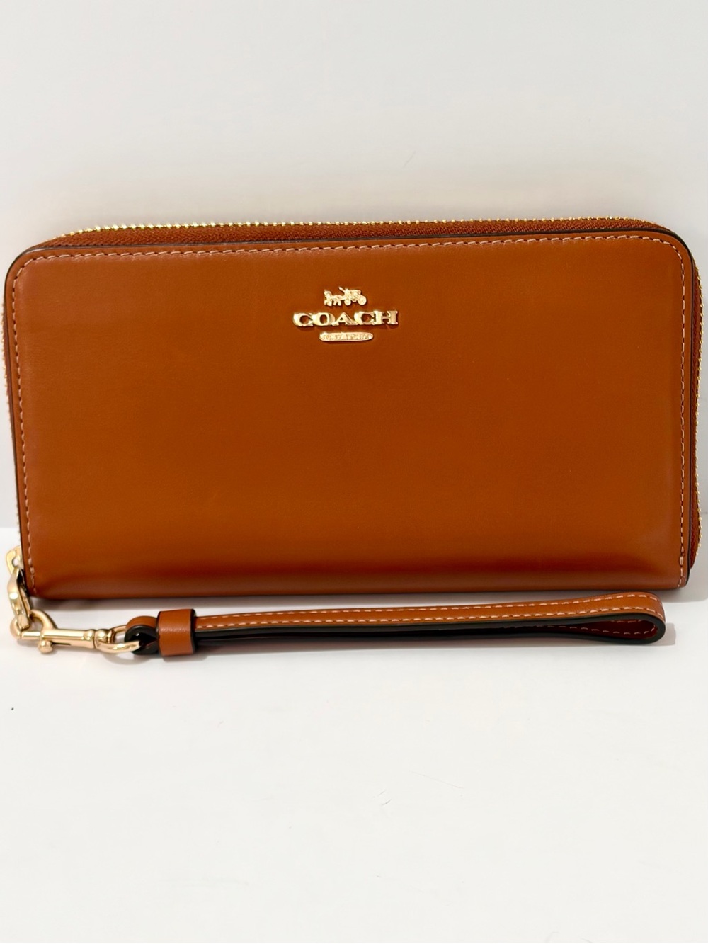 Coach Long Zip Around Leather Wristlet Wallet in Saddle Brown